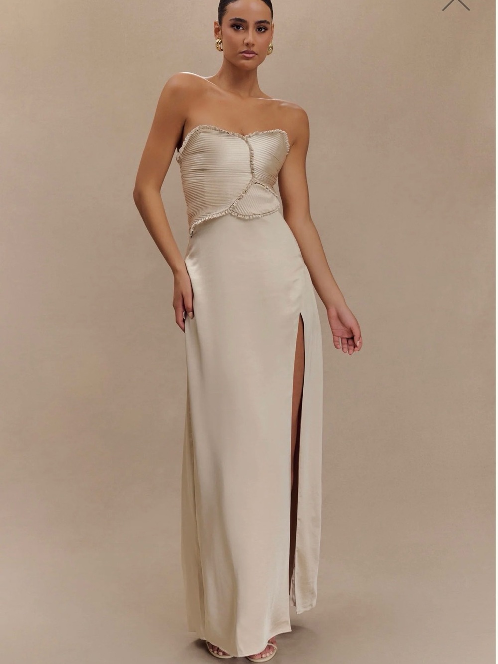 Meshki Champagne-Cream Strapless Satin Gown with Side Slit